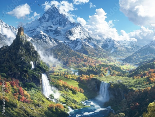 Breathtaking waterfall and mountain landscape scenic valley nature photography vibrant fall colors panoramic view photo