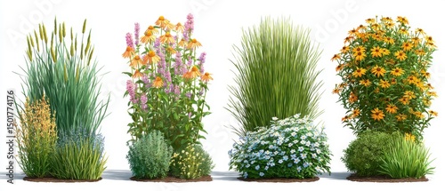 Isolated flower bed arrangements featuring grasses and flowering plants on a white background studio shot