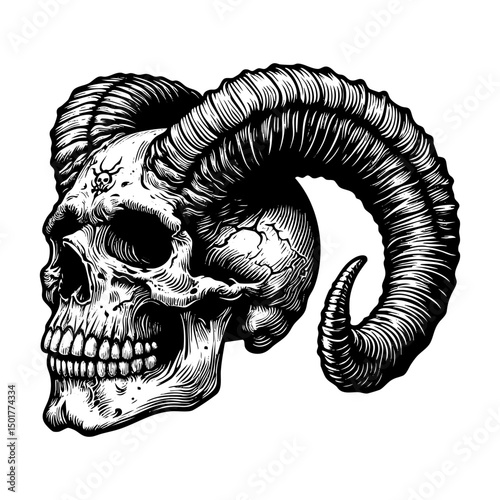 Human skull with horn sketch engraving black and white outline. Scratch board imitation.  illustrated in vintage line art style on a white background.