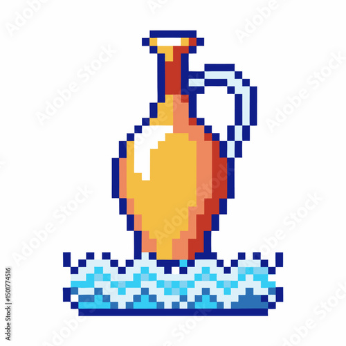 Pixel art jug with geometric handle and blue wave like pattern design