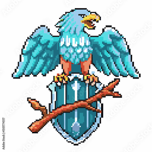 pixel art eagle with shield and branch retro game emblem design, illustrated guardian symbol