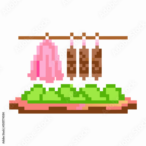 pixel art meat market with hanging meats and fresh produce display, retro game food scene