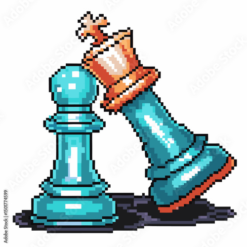 Pixel art chess battle scene with fallen king and standing pawn, retro gaming