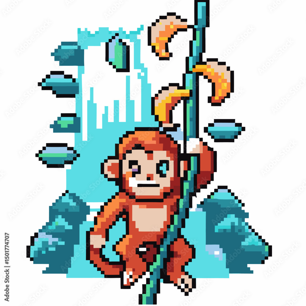 Obraz premium Pixel art monkey swinging on vine with bananas and waterfall backdrop
