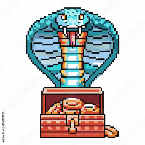Pixel art cobra guarding treasure chest with gold coins
