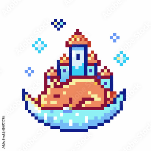 Pixel art castle on crescent moon with stars and night sky backdrop