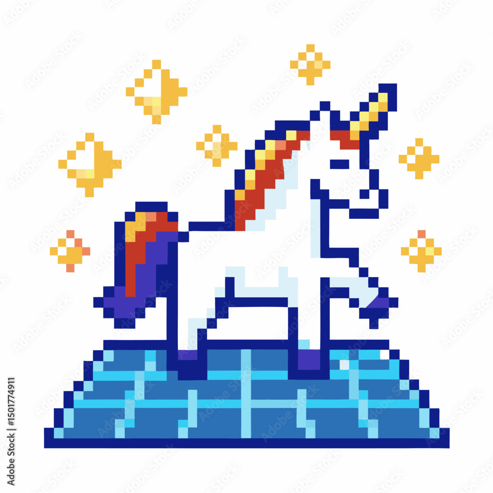 Obraz premium pixel unicorn with sparkling stars, retro 8 bit colorful fantasy creature on blue digital grid