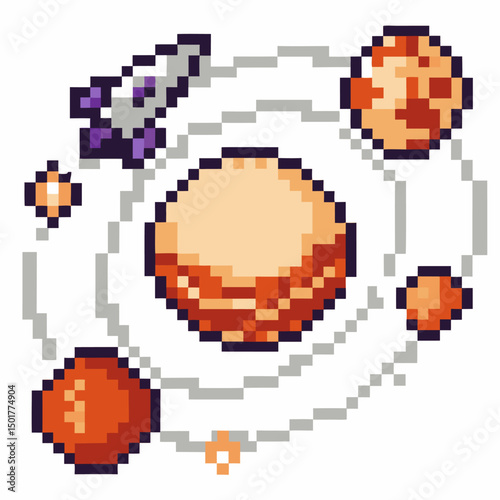pixel art solar system planets and spaceship in orbit retro gaming, pixelated astronomy exploration