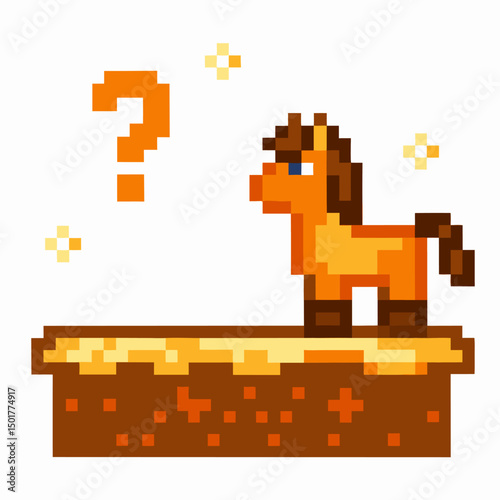 retro pixel art horse with question mark on platform, vintage gaming concept