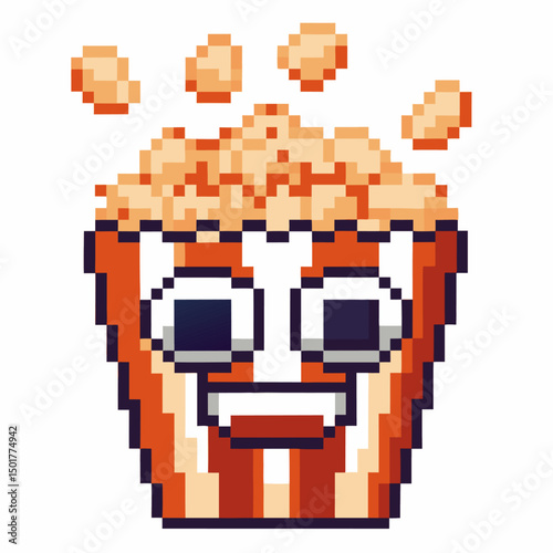 Pixel art popcorn bucket with happy face fun, retro gaming, snack emoji, character, cheerful expression