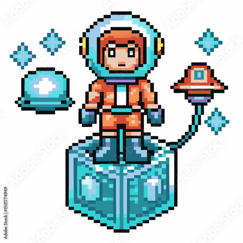 Pixel art astronaut on icy planet with floating ufo and space helmet retro gaming, interstellar exploration