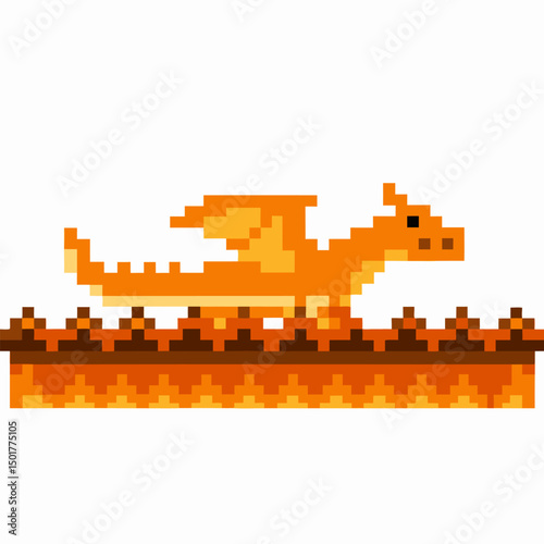 Pixel art orange dragon on a fiery patterned platform