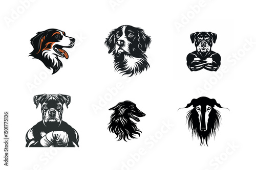 Six dog breed portraits black and white illustrations