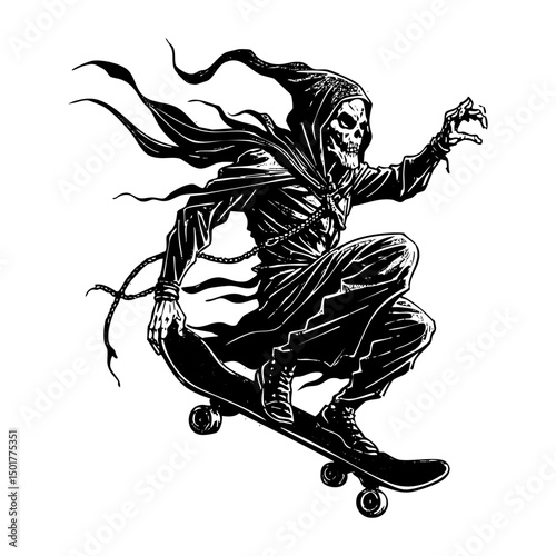 Grim reaper skateboarding sketch engraving black and white outline. Scratch board imitation.
