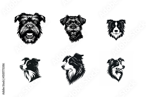 Six dog breed portraits black and white illustrations
