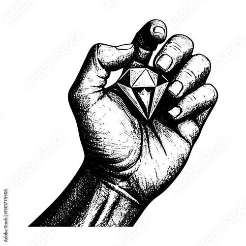 Hand hold Diamond sketch engraving black and white outline. Scratch board imitation.
