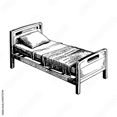 Hospital bed sketch engraving black and white outline. Scratch board imitation.  illustrated in vintage line art style on a white background.