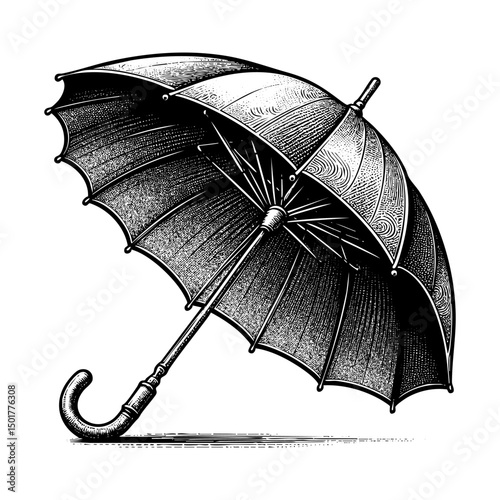 Open umbrella sketch engraving black and white outline. Scratch board imitation.