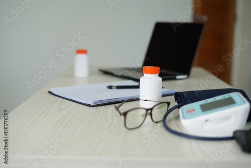 Professional doctor's office table interior with medical equipments, medicine and healthcare concept. Medical examination room with laptop, medication, blood pressure monitor and medical repor