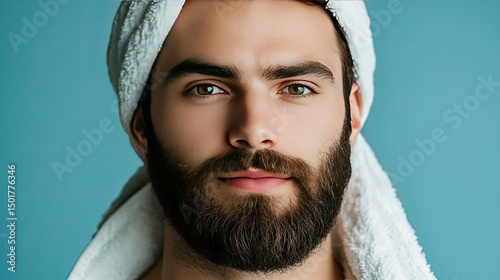 A young man with dark, wavy hair and a medium build applies shaving cream to his face, showcasing a well-groomed beard.