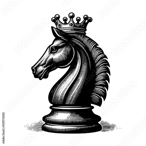 Chess knight sketch engraving black and white outline. Scratch board imitation.  illustrated in vintage line art style on a white background.