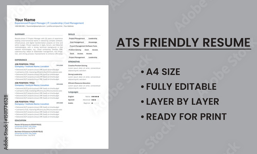ATS Friendly Resume, CV Format, Resume Format, Customizable and editable, A4, Ready to print, CV template