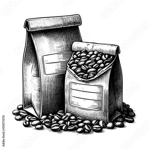 Coffee bean on paper bag sketch engraving black and white outline. Scratch board imitation.
