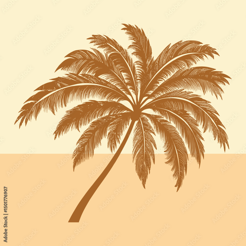 Fototapeta premium Tropical Palm Tree Silhouette Against a Sandy Beach Background 