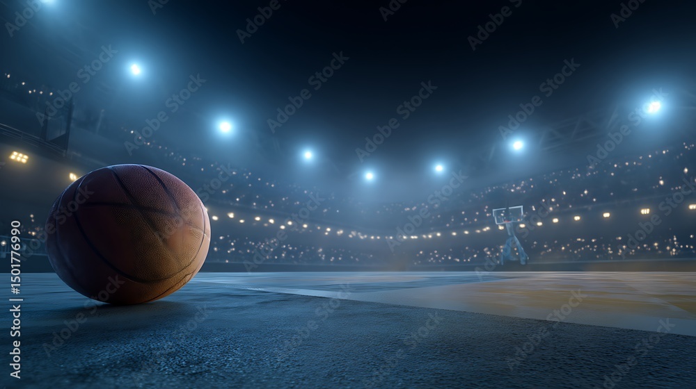 Obraz premium A basketball court with a ball in motion and stadium lights