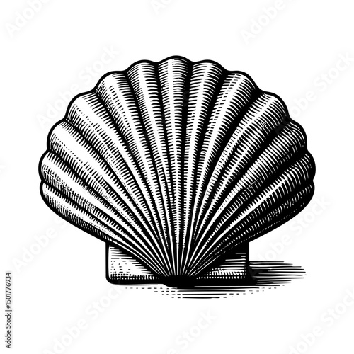 Clam shell engraving black and white outline. Scratch board imitation.  illustrated in vintage line art style on a white background.