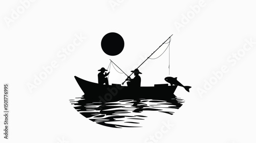 fishing logo icon vector, catch fish on the boat, outdoor sunset silhouette , black silhouettes isolated on white background