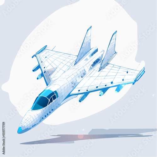 Fighter jet with speed light line. Supersonic digital jet fighter in futuristic wireframe style. Technology military airplane hologram.