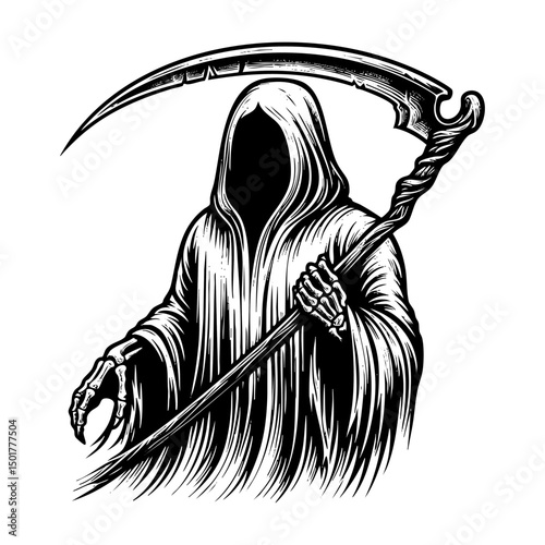 Grim reaper holding sickle sketch engraving black and white outline. Scratch board imitation.