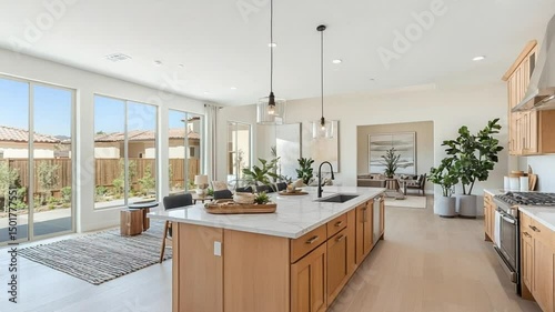 Modern kitchen, open-plan design, backyard view, natural light, home staging