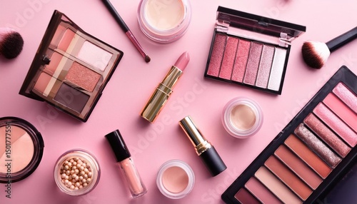 Beauty Cosmetic Makeup Product Layout Featuring Fashion Makeup Brushes
