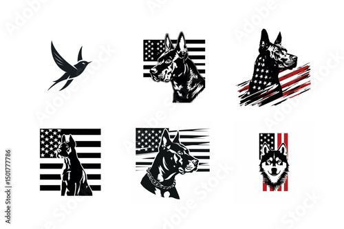 Patriotic dog and bird silhouettes american flag
