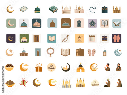Unique Islamic-themed vector icons in minimalist flat design style vector illustration