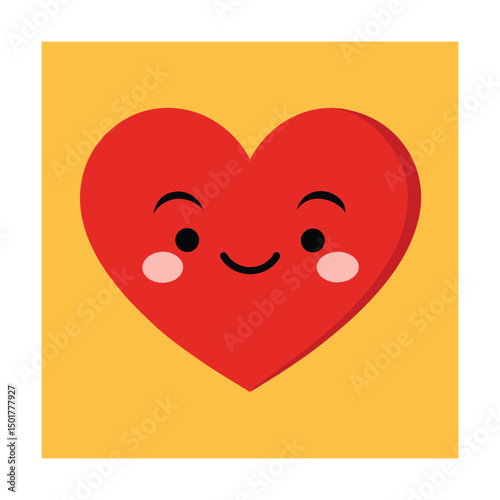 Adorable red heart cartoon character with smiling face and cheeks against yellow background