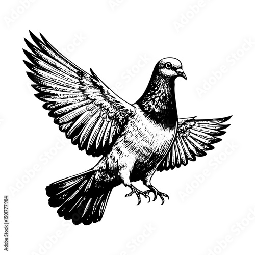 Pigeon flying while spread wings engraving black and white outline. Scratch board imitation.
