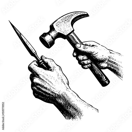 Hand hold hammer and chisel sketch engraving black and white outline. Scratch board imitation.