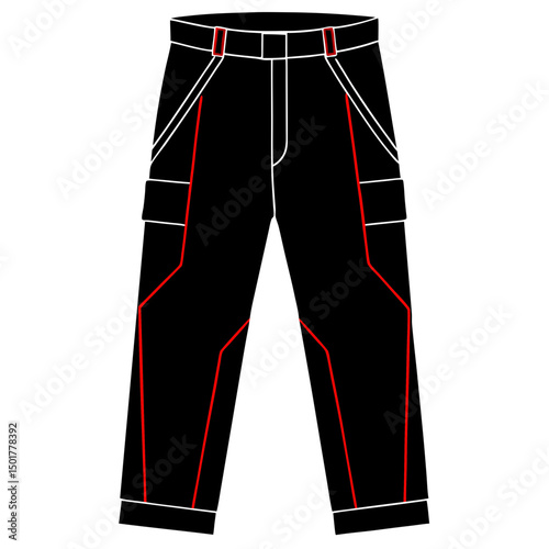 Black Techwear Trousers – Red Cyberpunk Accents | Vector Silhouette