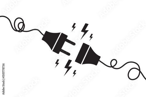 Electric socket with a plug in black color. Electric plug and outlet socket unplugged. Connection and disconnection concept with wire, cable. Vector on isolated white background.