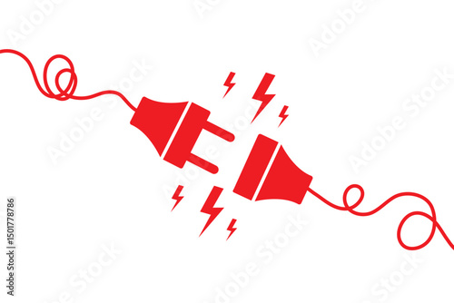 Electric socket with a plug in black color. Electric plug and outlet socket unplugged. Connection and disconnection concept with wire, cable. Vector on isolated white background.