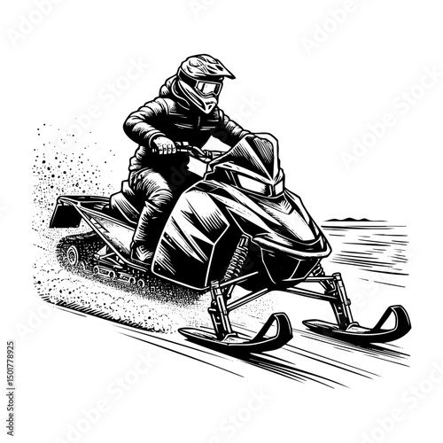 Riding snowmobile sketch engraving black and white outline. Scratch board imitation.  illustrated in vintage line art style on a white background.