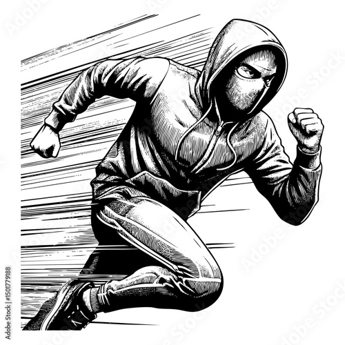 Running man in hoodie and mask with speed lines sketch engraving sketch engraving black and white outline. Scratch board imitation.  illustrated in vintage line art style on a white background.