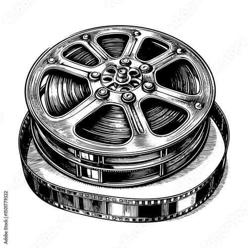 Film reel sketch engraving black and white outline. Scratch board imitation.