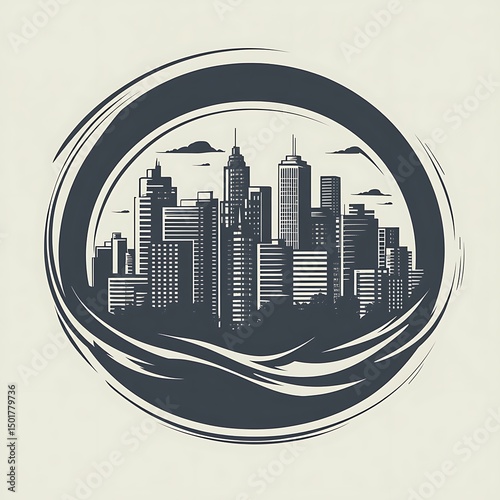 Stylish illustration of a modern city skyline design within a circular abstract artistic frame