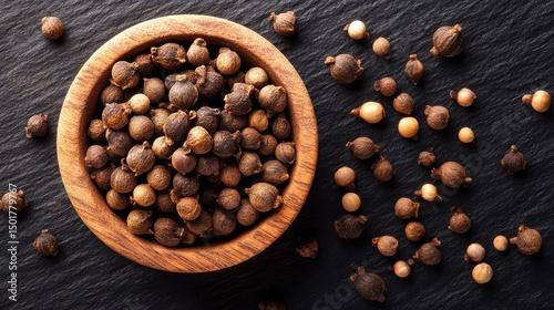 Top view of allspice berries in a wooden bowl on a black stone surface