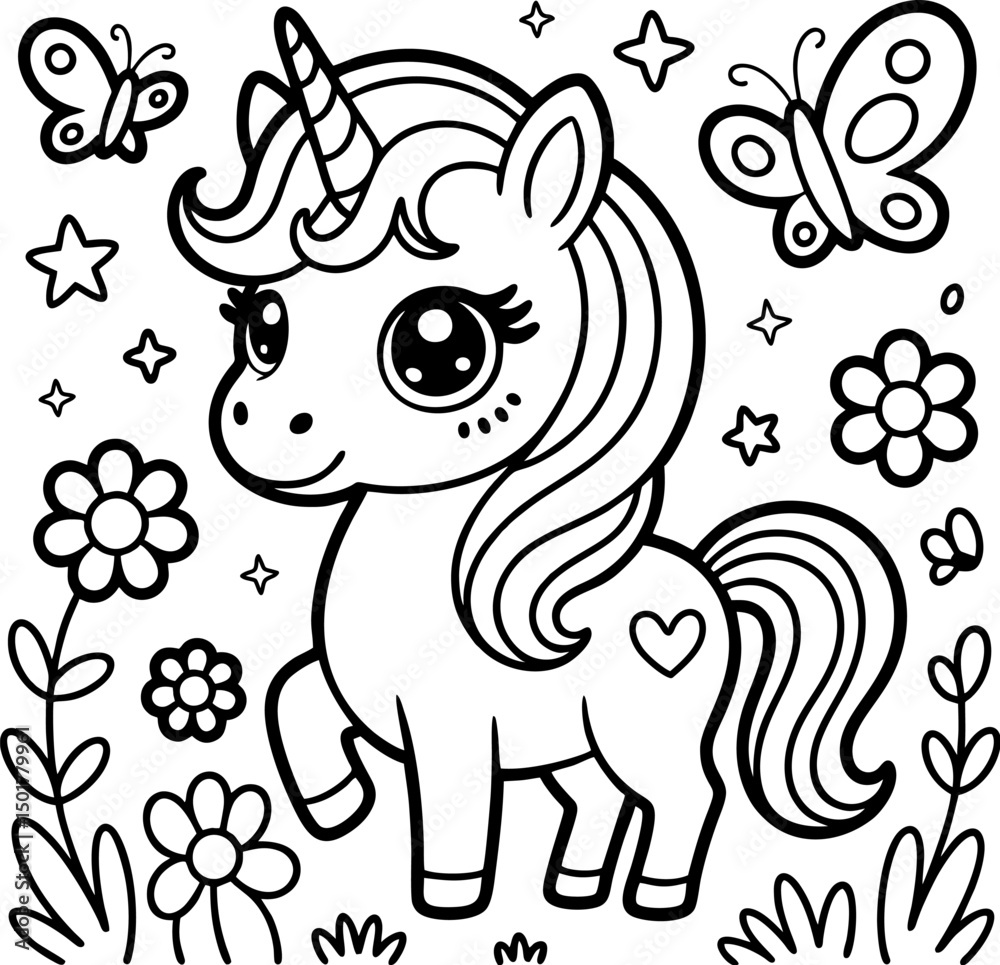 Fototapeta premium Adorable Kawaii Unicorn with Butterflies – Cute Coloring Page for Kids