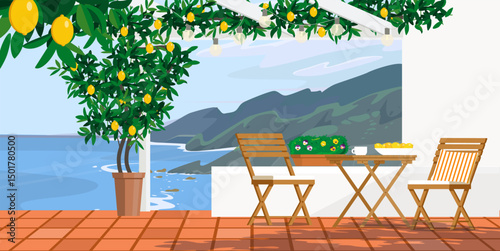 Garden furniture on the balcony with pots of flowers and a lemon tree. Vector flat illustration.